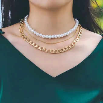 Chain Pearl Multilayer Golden Necklace